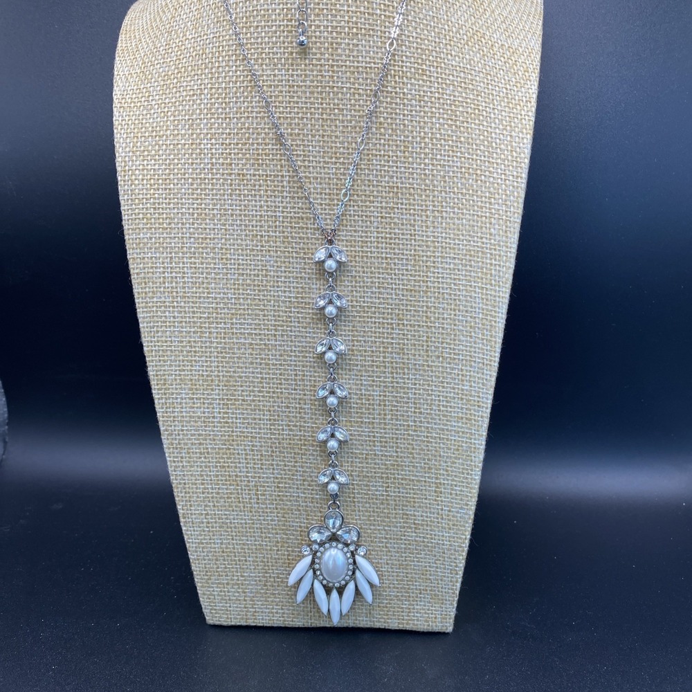 Park Lane Silver Drop Necklace Vintage White Pearl Crystal 24"
